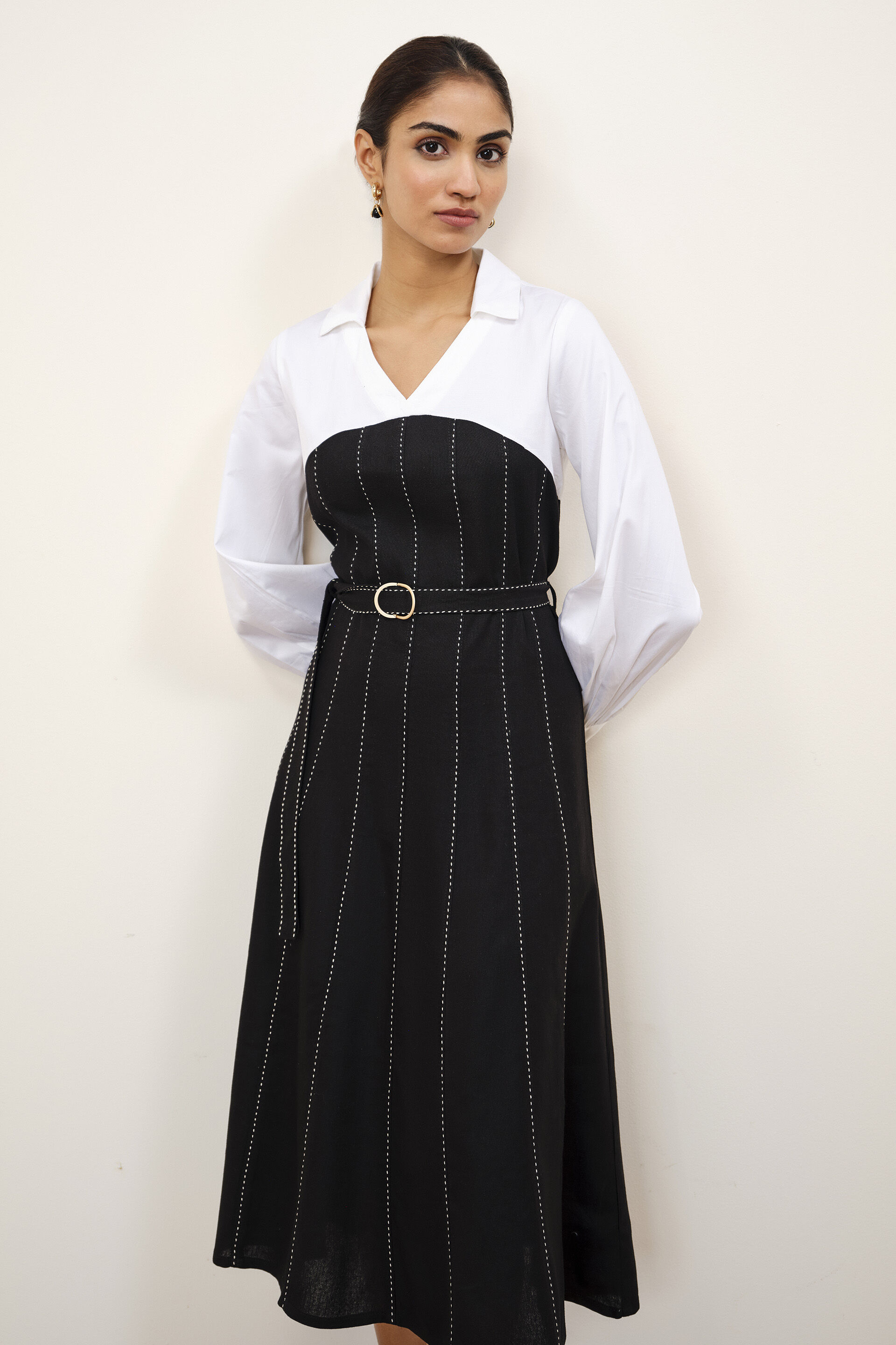 Dual-Tone Shirt Dress, White, image 2